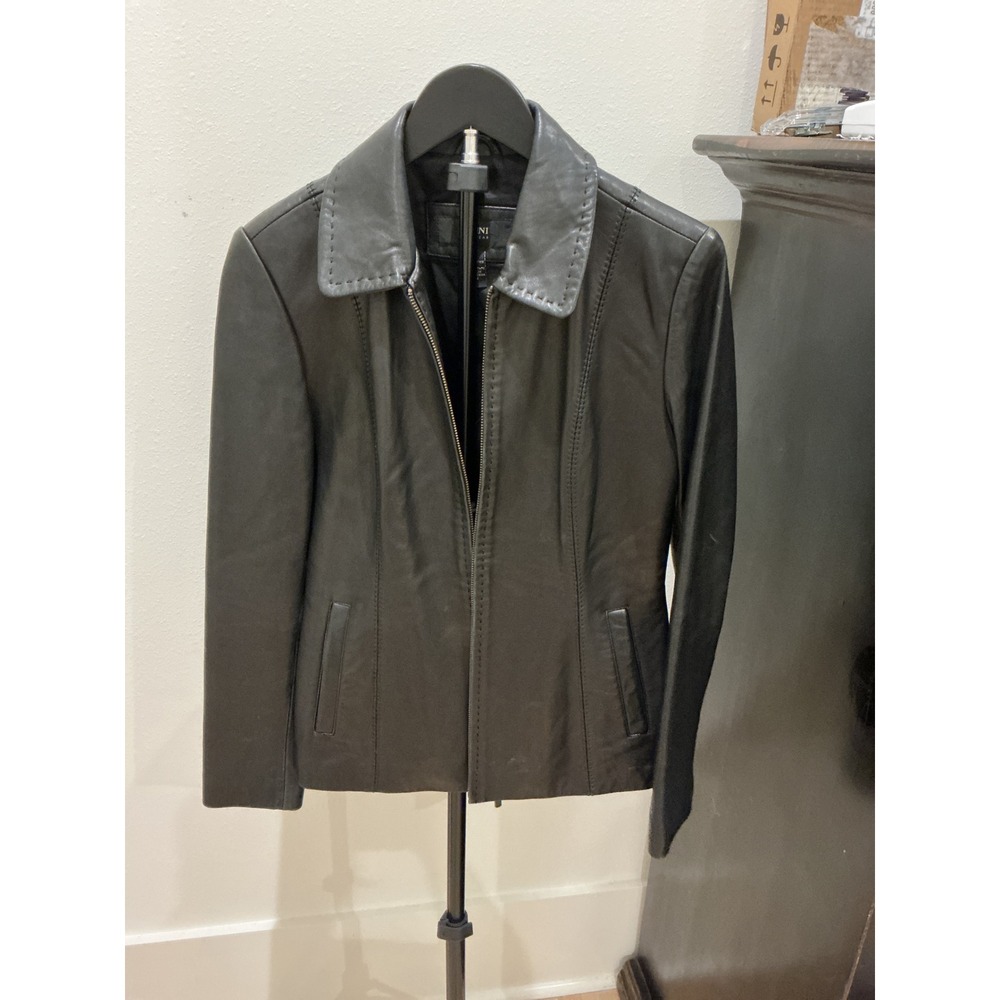 Alfani Womens Black Leather Jacket Full Zip Whipstitch Collar Size S Small